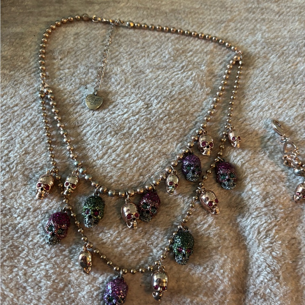 Betsey Johnson Skull Charm Necklace and bracelet set Purple and Silver Accents